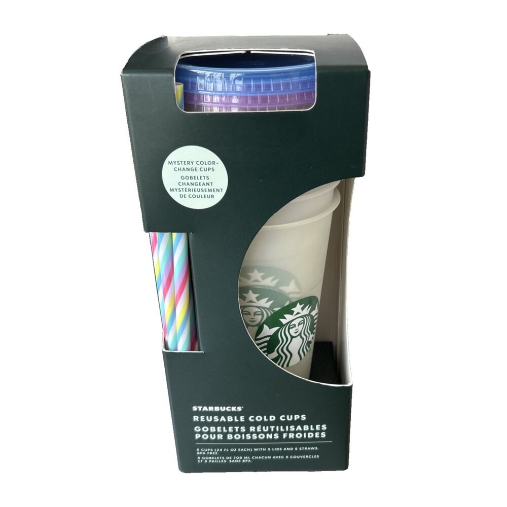 Starbucks Mystery Color Changing Reusable Cold Cups Straws Lid 24oz Set of 5 NEW